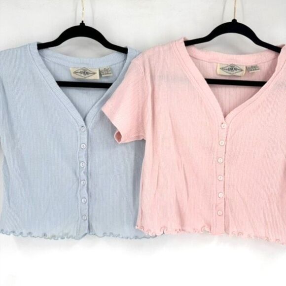 Y2K B. Moss Ribbed Henley Lettuce Trim Crop Shirt Pink & Blue Medium Baby Tee - Picture 1 of 16